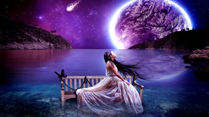 fantasy girl, digital composite, space, water, full length, fantasy art, dream, moon, women, purple, astronomy, beauty in nature, one person, good night