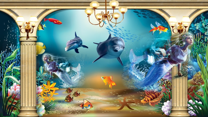 seamaid, underwater city, 8K, mystical, colorful, art, nymph, dolphin, illustration, graphics, nymphs, 8k uhd, seamaids, mythical creature, mythology
