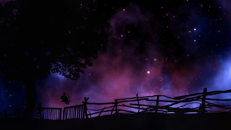 night, tree swing, sky, night sky, 4K, dream, rope swing, stars, swing, dreamland, darkness, childhood, dreamer, fence, tree, starry sky