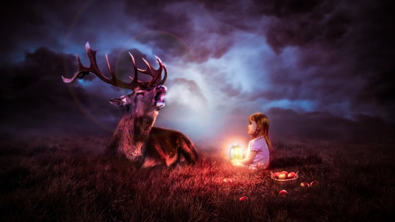 rawat, dream, art, flame, deer, cute, dreamland, light, fire, artwork, 5K, girl, sky, hope, darkness, reindeer, fantasy art, smoke