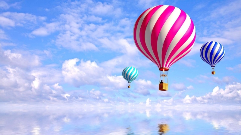hot air balloon, cloud, leisure, 1080P, reflection, fantasy art, balloon, daytime, dreamland, hot air ballooning, water, sky
