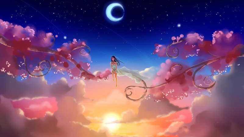 anime girl, nigh, girl, dreamworld, graphics, light, night, dreamland, illustration, sky, moon, anime art, art, stars, cloud, 1080P