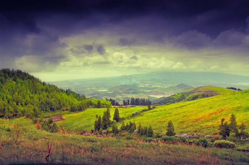 vigenette, scenics, cloudy, landscape, Dreamland, forest, hill, nature, rural Scene, green Color, mountain, trees, São  Miguel, açores, nikon  d40, summer