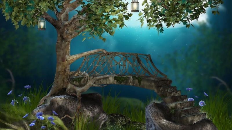tree, stairs, 1080P, dream, lanterns, dreamland