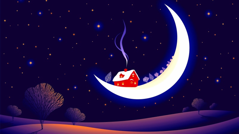 starry, sky, night, 4K, night sky, fantasy art, dreamland, moon, house, landscape, night time, chimney