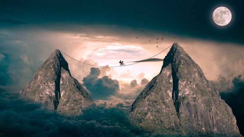 landscape, cycling, biking, 4K, cloud, night, sky, peaks, bike, rope cycling, full moon, clouds, fantasy art, dreamland, night sky, mountain, illusion