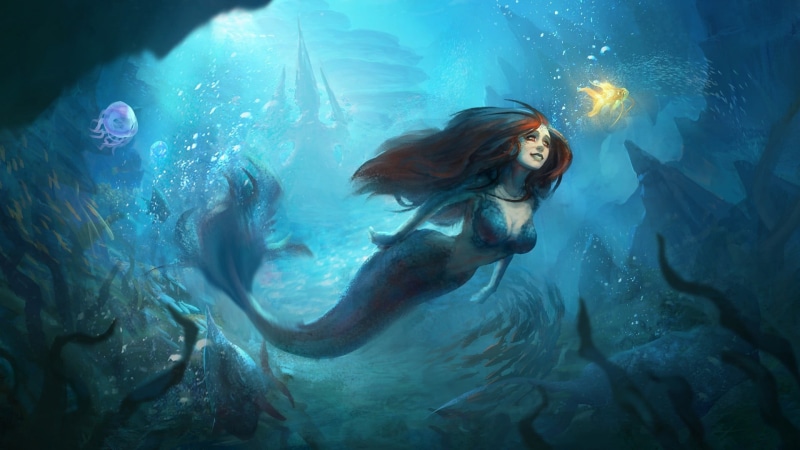 fantasy art, vertebrate, sea life, mermaid, swimming, fairy tale, group of animals, nature, young adult, people, fish, 1080P, fantasy world, outdoors