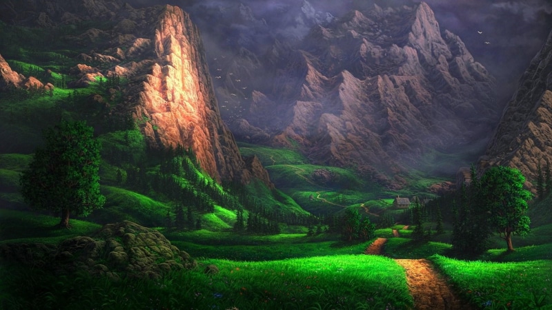 wilderness, fairytale art, mountain, mount scenery, dreamy, ridge, digital art, forest, path, landscape, dreamland, nature, highland, vegetation, green