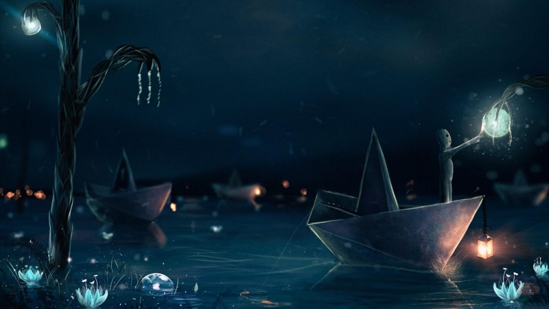 water lilies, sky, drawing, illuminating, fantalsy land, dreamland, water lily, fairytale, artistic, water, darkness, night, paper boat, fantasy art, 1080P