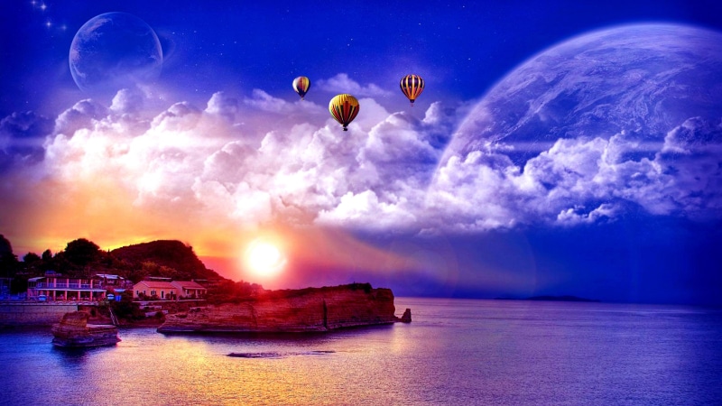 sun, coast, water, sky, fantasy art, hot air balloon, planet, dreams, horizon, space, night, dusk, good night, evening, fantasy world, sea, air balloon
