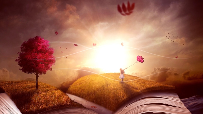 dreamland, cloud, nature, sun, 4K, sky, surreal, landscape, leaves, dawn, lone tree, fantasy art, girl, sunrise, red tree, autumn, red leaves, tree, story book