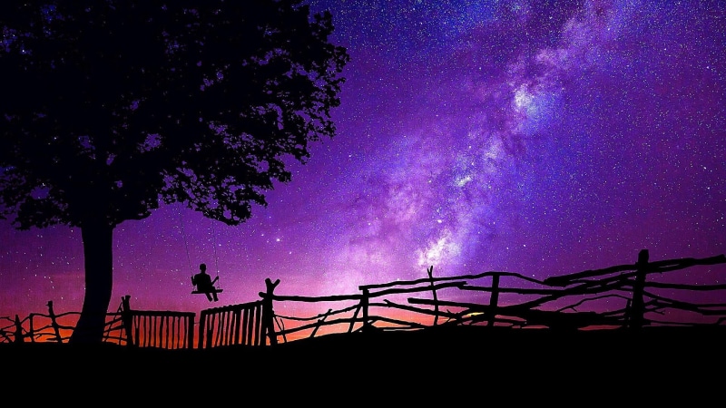 night, silhouette, star, space, night sky, milky way, dreamland, nature, starry night, low angle view, tree, fence, star - space, galaxy, sky, astronomy