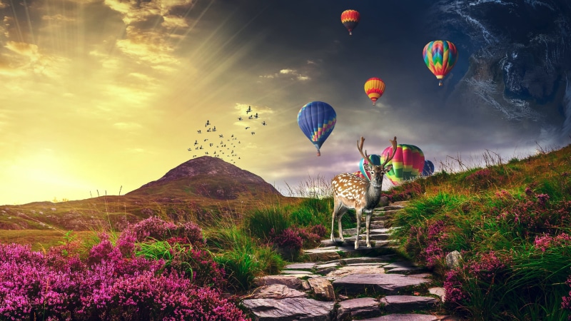 colorful, earth globe, sunshine, sunlight, 4K, hot air balloon, sky, landscape, dreamland, nature