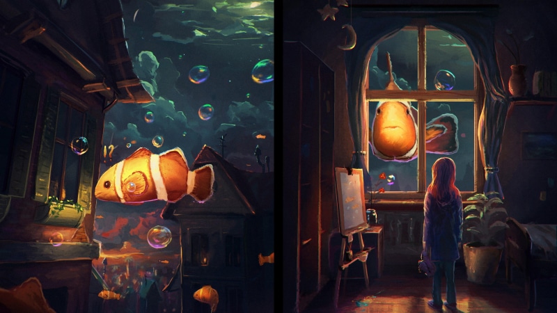 house, dreamland, window, underworld, fantasy art, underwater city, dream, 4K, night, darkness, clownfish, room, girl, lighting, dream art, bubble, art
