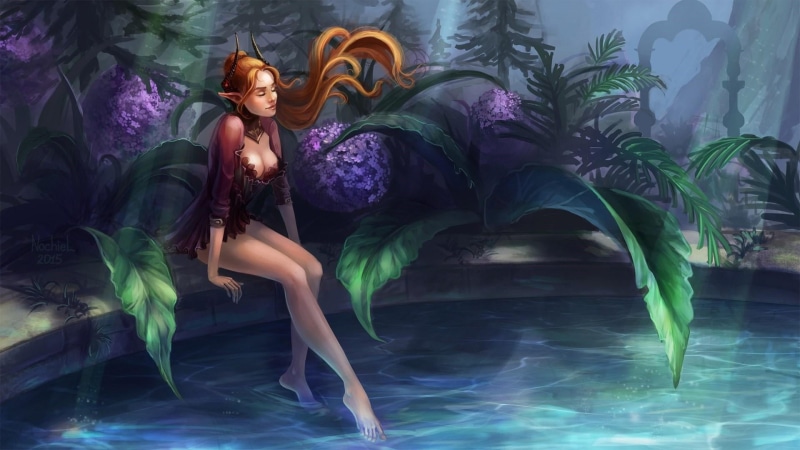 lifestyles, adult, fairytale, artwork, hairstyle, clothing, leisure activity, plant, purple, art, girl, women, elvish, mythology, full length, dress, beautiful woman