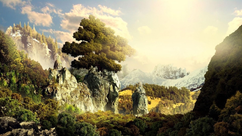 landscape, outdoors, tranquil scene, environment, beauty in nature, fantasy art, dreamy, non-urban scene, land, scenics - nature, dreamland, sky, idyllic