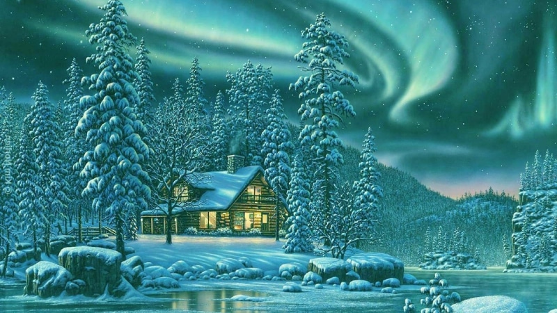 chalet, house, frost, starry night, conifer, log cabin, northern lights, snow, polar lights, nature, night, christmas, tree, phenomenon, sky, aurora borealis