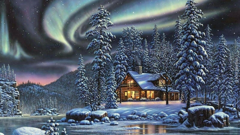 night, spirituality, travel destinations, sky, snow, 1080P, architecture, religion, no people, fir, log cabin, pine, built structure, polar lights, illuminated