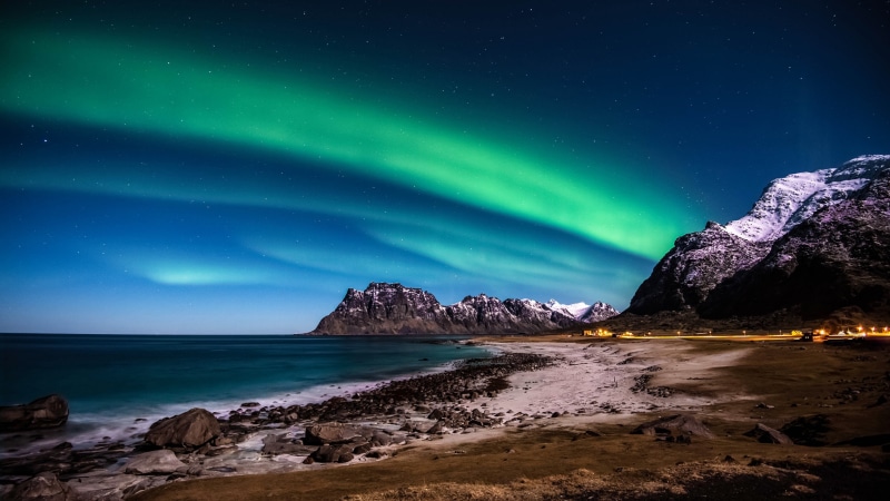 night time, night sky, night, coast, lofoten, polar lights, sea, atmosphere, aurora borealis, norway, sky, shore, landscape, 4K