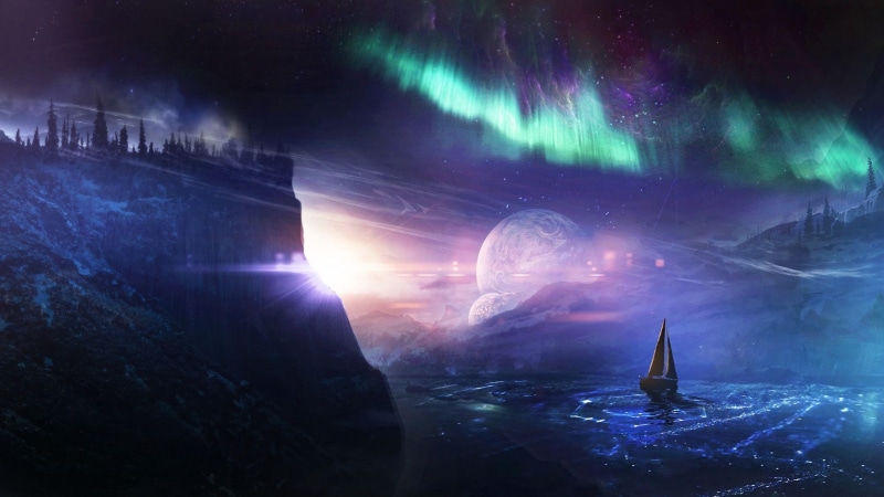 sailing, aurora, fantasy art, 4K, space, virtual art, sailing boat, lake, polar lights, sky, fantasy, sailboat, planets