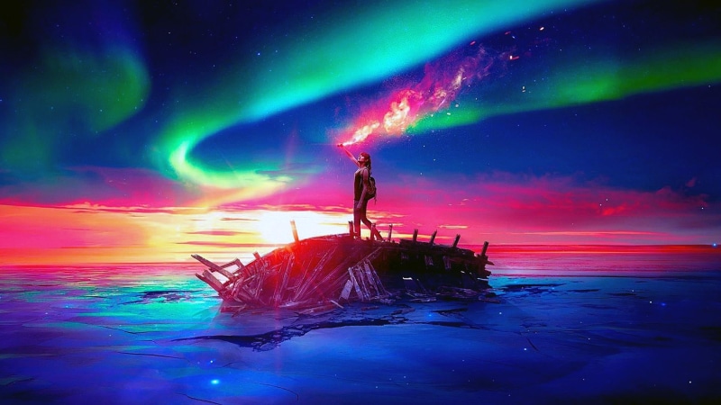 beach, occupation, nature, one person, mystery, 1080P, multi colored, fantasy art, full length, torch, star - space, sink, night sky, night, nautical vessel