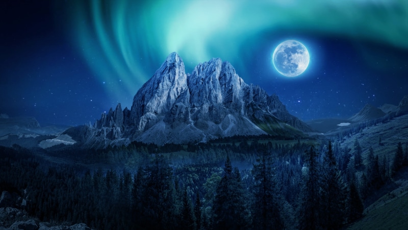 full moon, scenics - nature, outdoors, moonlight, northern lights, rock, no people, nature, 2K, cool, forest, beauty in nature, green, space