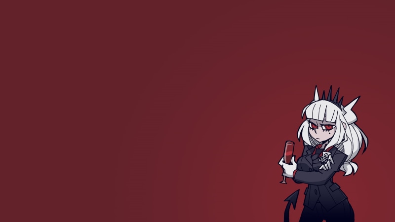 demon girls, tail, Helltaker, gloves, red eyes, business suit, blond hair, simple background, anime girls, 1080P, demon girl, anime