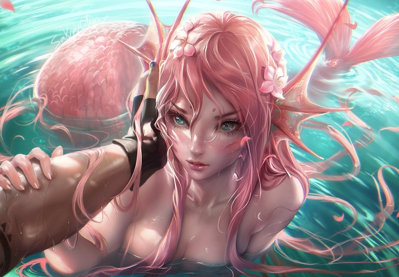 anime, pink hair, anime girls, tail, water, green eyes, tattoo, 720P, Sakimichan, mermaids, wet, monster girl, POV