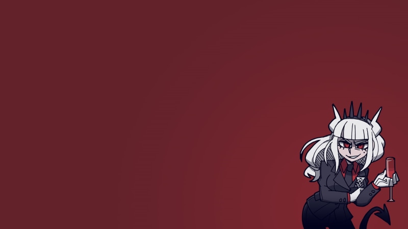wine glass, tail, white gloves, simple background, crown, demon girl, Helltaker, tie, demon girls, business suit, anime girls, 1080P, anime, red eyes
