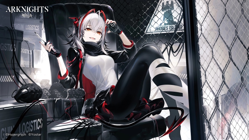 white shirt, tail, red eyes, Rhodes Island (Arknights), gray hair, W(Arknights), Arknights, video game characters, 5K, anime, video games, horns, skirt