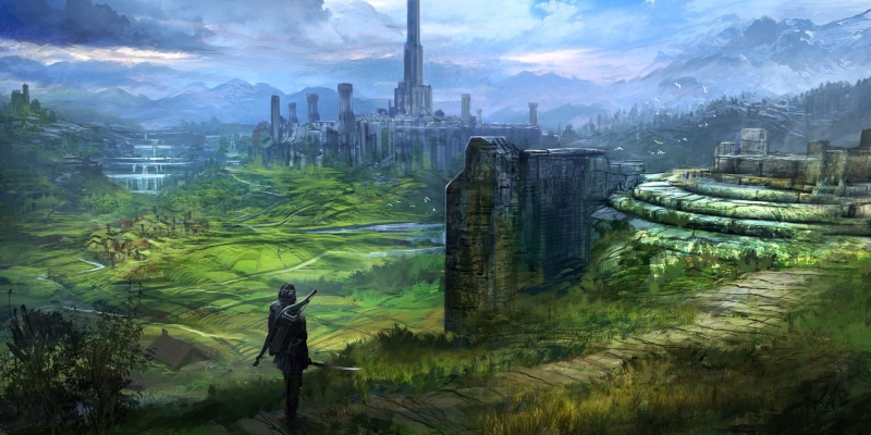 sword, 1080P, bow, The Elder Scrolls IV: Oblivion, RPG, artwork, video games, medieval, warrior, concept art, valley, landscape, feng zhu, mountains, digital art