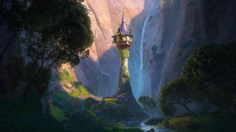 white, no people, travel Destinations, land, green Color, landscape, waterfall, spire, Rapunzel, famous Place, cliff, castle, rock, outdoors, water, trees