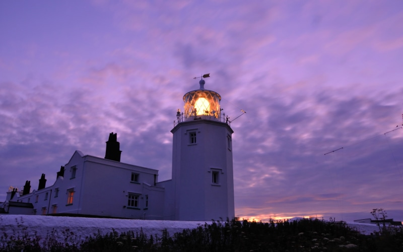 sunset, lighthouse, building, white, land, watchtower, colours, view, lights, 2K