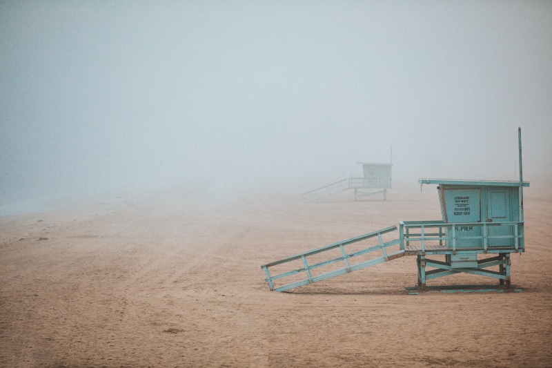 watchtower, mist, outdoors, fog, tranquility, sea, lifeguard tower, built structure, safety, adventure, wanderlust, land, pacific ocean, wooden, cabin