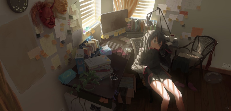 room, shadow, window, day, sitting, illuminated, choice, desk, home interior, sunlight, Anime: Gamers!, high angle view, interior, real people, human representation