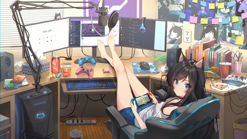 playing, 4K, gamers, animal ears, computer, anime girls