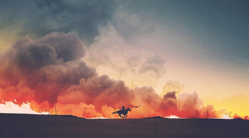 Running, Dramatic, Artistic, Battlefield, Drawings, Illustration, warrior, Horse, Smoke, 4K, digitalart