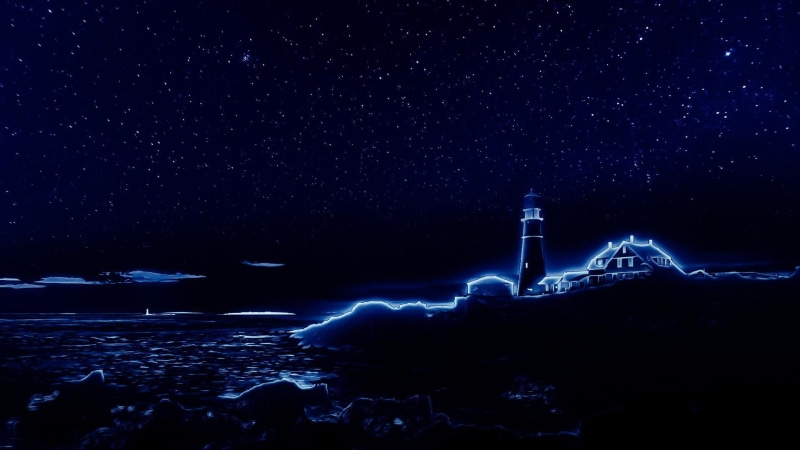 1080P, starry, portland head light, neon, digital art, night sky, shore, starry sky, coast, digitalart, coastline, stars, starry night, darkness, blue