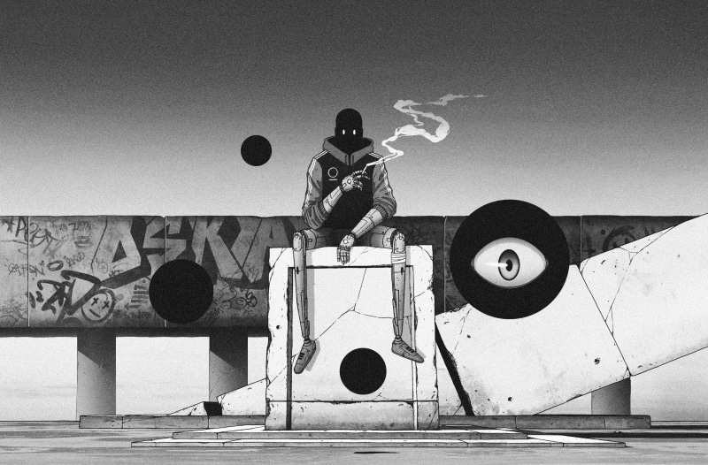 sport, digitalart, railing, lifestyles, anime, evolve, men, manga, day, sitting, surreal, real people, Vector Art, Smoking, blackandwhite, creativity, sky