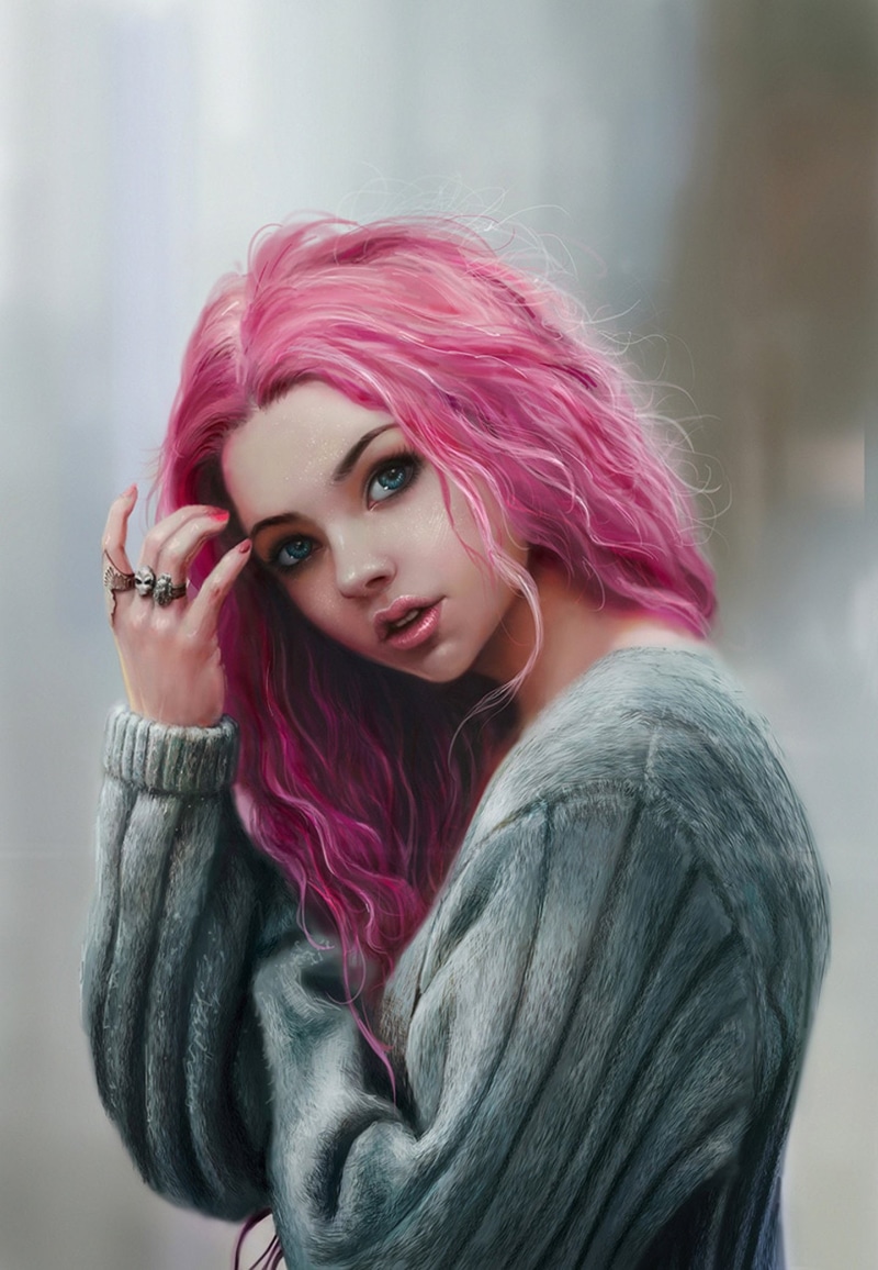 1080P, art, girl, artstation, woman, beautiful, digital, original, portrait, noveland-sayson-cutienov, pink hair, digitalart