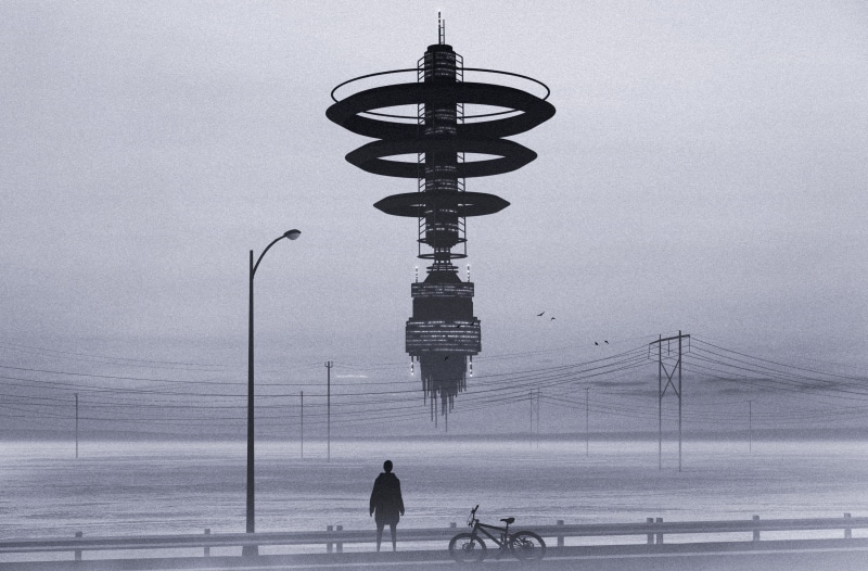 spaceship, tower, Artwork, observing, men, winter, 2K, outdoors, gloomy, Surprised, Character, astonished, astonishing, day, graphicdesign, street light