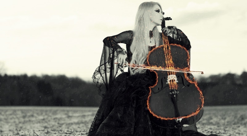 girl, mammal, statue, Music, photomanipulation, human representation, day, cello, violin, art and craft, nature, outdoors, print, spell, 1080P, fantasy
