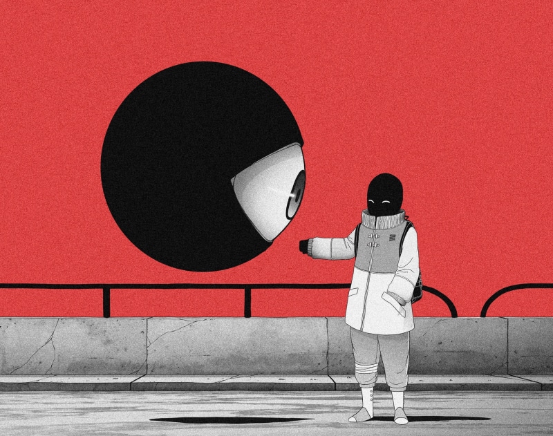 scanning, observing, Design, cartoon, Illustration, casual clothing, young adult, 2K, nature, women, motion, eye, digitalart, red, adult, bigeye, outdoors