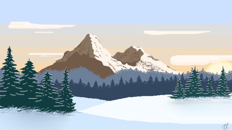 pixels, 1080P, landscape, mountains, Wavestormed, winter, pixelated, pine trees, nature, snowy peak, snow, trees, pixel art