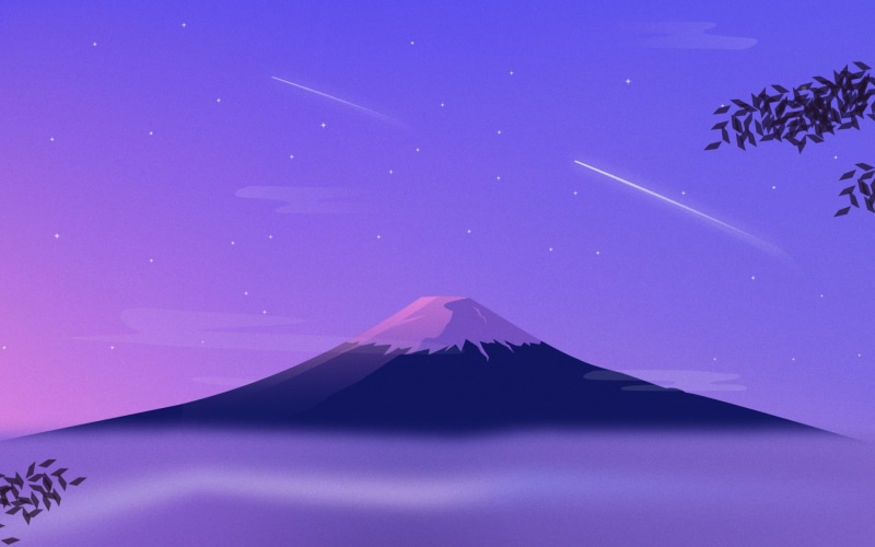 landscape, nature, mist, stars, leaves, 1080P, digital art, starry night, Japan, snowy peak, minimalism, Mount Fuji, Smile