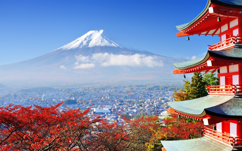 religion, mountains, built structure, Asian architecture, trees, architecture, Japan, Mount Fuji, mountain, 2K, volcano, no people, day, sky, outdoors