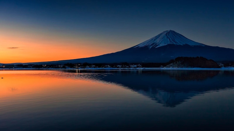 mountain, sunset, copy space, tranquil scene, nature, idyllic, sky, Mount Fuji, fuji, 1080P, mt, mountain peak, reflection, no people, japan, water, trees