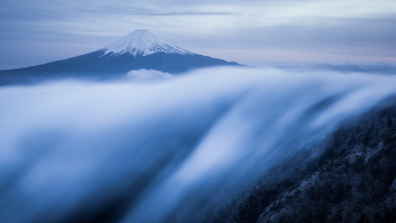 tranquility, trees, forest, no people, birds eye view, fuji, cloud - sky, cold temperature, outdoors, mist, mountain peak, environment, land, 1080P, volcanic crater