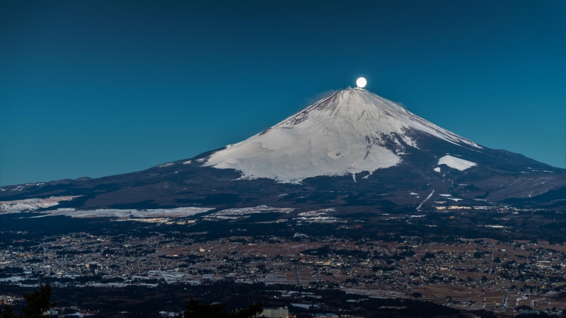 full moon, fuji, mt fuji, mountain, asia, moon, mount fuji, night sky, cityscape, honshu, sky, 4K, japan