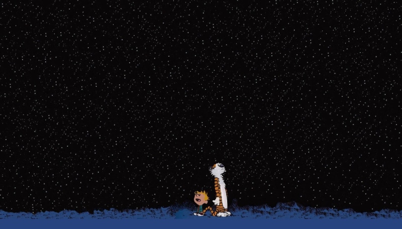 scenics - nature, night, characters, snowcapped mountain, Calvin and Hobbes, nature, lifestyles, two, sport, one person, land, illustration, snowing, unrecognizable person